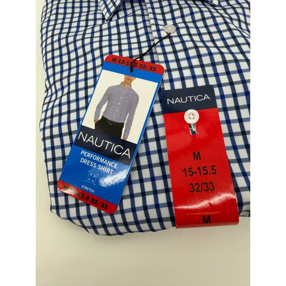 Nautica Mens Performance Dress Shirt‎ Slim Fit Blue White Check M 15-15.5 32/33